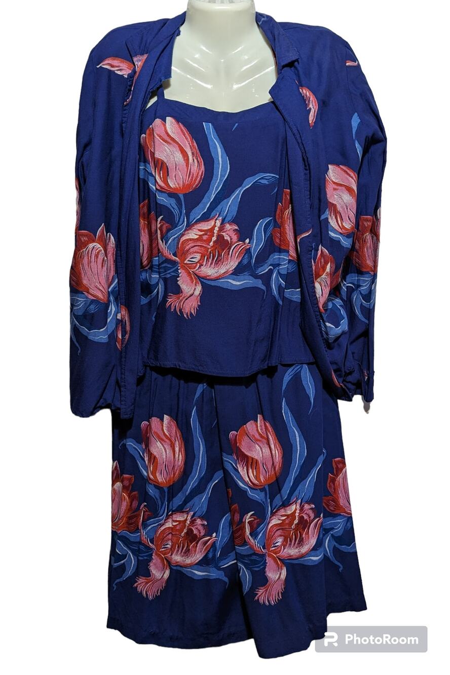 VTG Contempo Of California Pink & Blue 3-Piece Floral Set Cover Tank Skirt 18